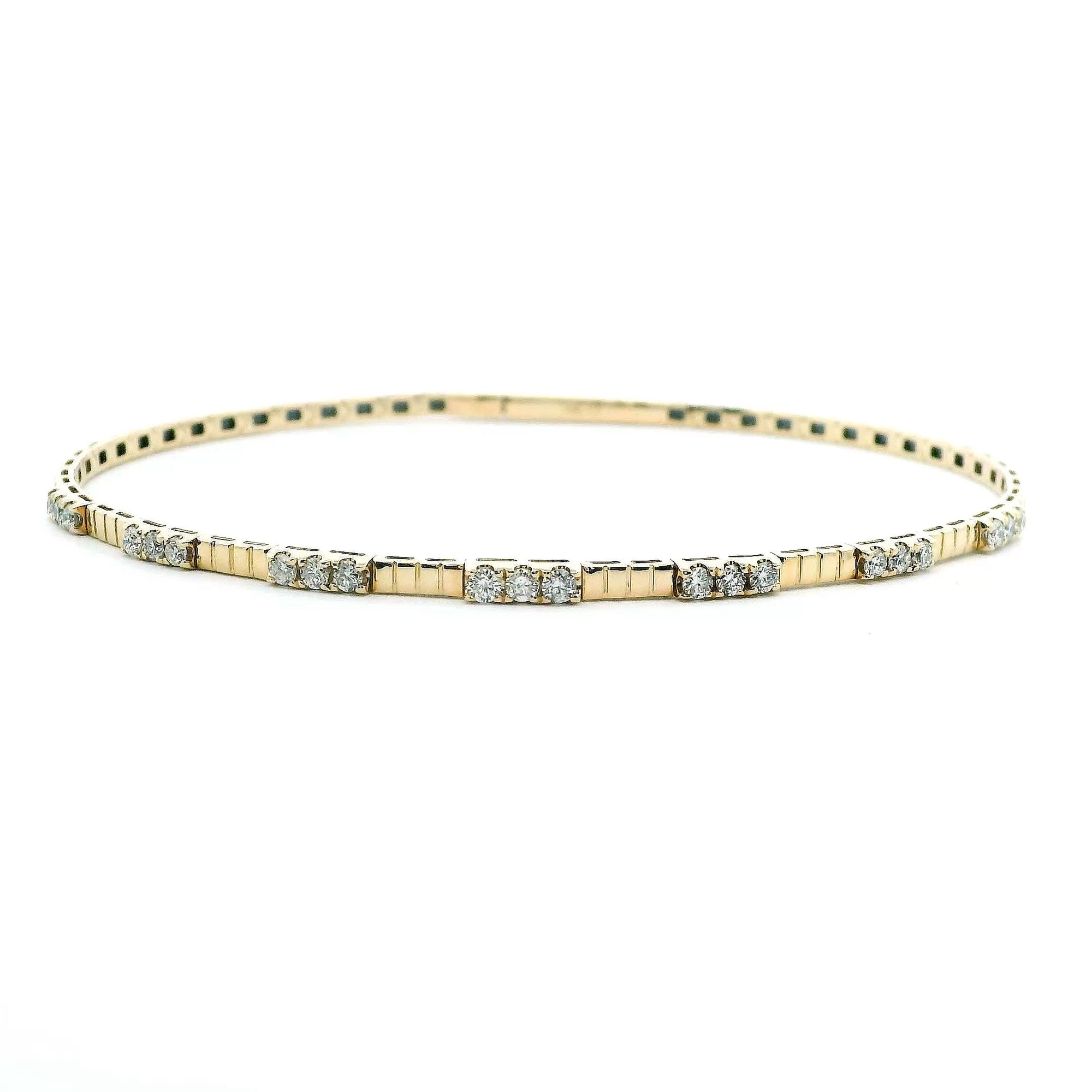 14K Yellow Gold 0.51cttw. Diamond Three Stone Station Flexible Bangle Bracelet