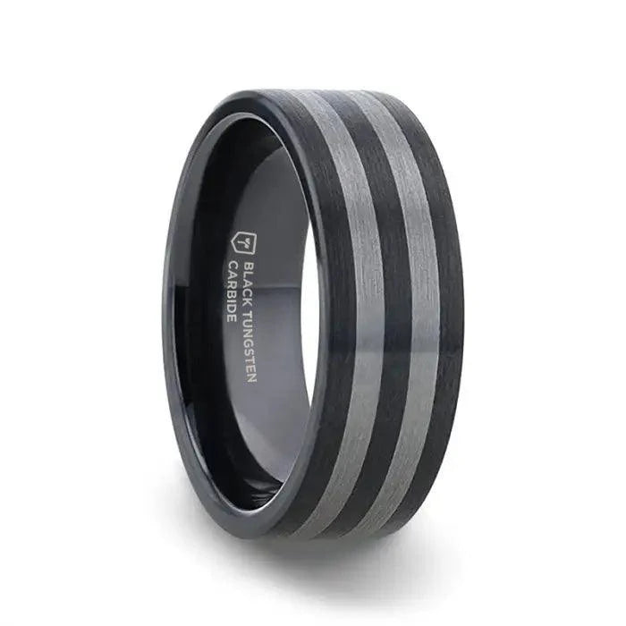 Thorsten Beta Black Ceramic Flat Profile Wedding Band w/ Brushed Tungsten Inlay (8mm) W3211-DCIB