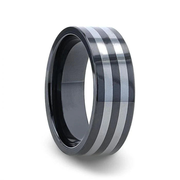 Thorsten Diplo Black Ceramic Flat Profile Wedding Band w/ Polished Tungsten Inlay (8mm) W3289-DCIP