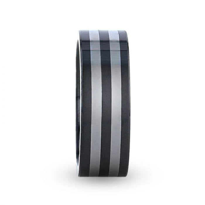 Thorsten Diplo Black Ceramic Flat Profile Wedding Band w/ Polished Tungsten Inlay (8mm) W3289-DCIP