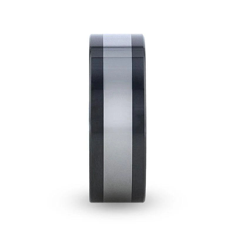 Thorsten Huskey Ceramic Wedding Band w/ Tungsten Inlay & Flat Polished Edges (8mm) W8995-SCIP