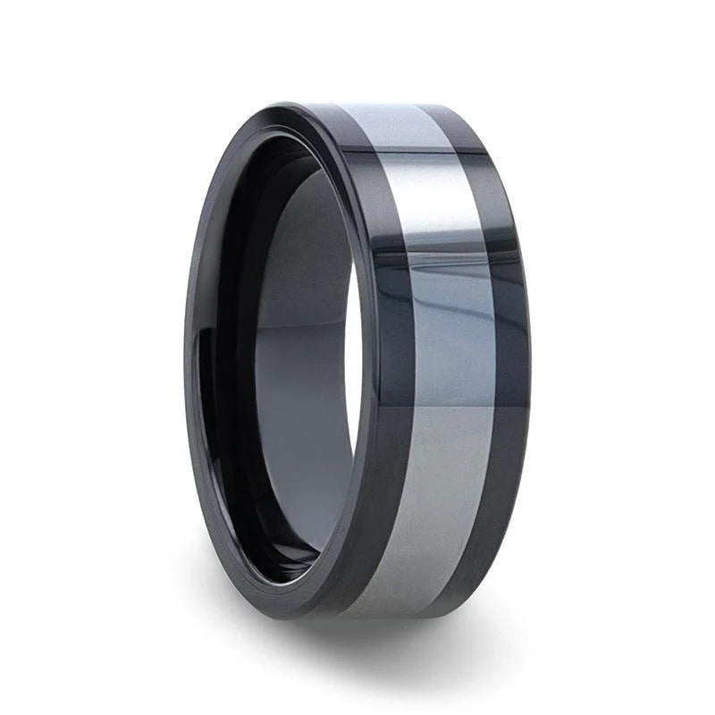 Thorsten Huskey Ceramic Wedding Band w/ Tungsten Inlay & Flat Polished Edges (8mm) W8995-SCIP