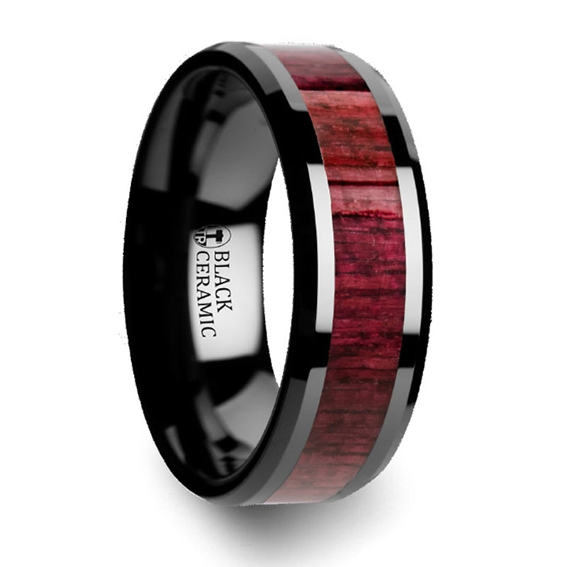 Thorsten Morabo Purple Heart Wood Inlaid Black Ceramic Ring w/ Beveled Edge  (8mm) C4434-PHWI